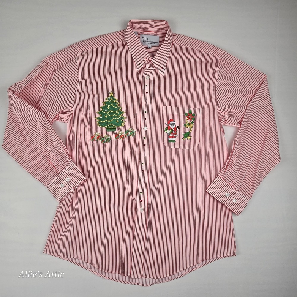 Womens Vintage Christmas Button Shirt Long Sleeve Top Red White Holiday Santa M